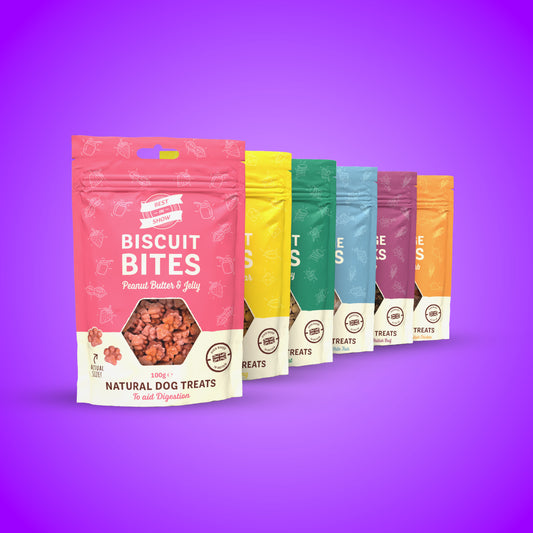 The range of all natural dog treats from Best In Show including biscuit bites and sausage snacks.